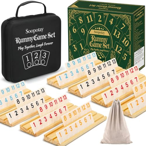 SOOPOTAY Rummy Cup Brettspiel Für 2-8 Spieler – 214 Melamin-Fliesen, 8 Holzhalter, Premium-Koffer & Beutel – Reisespiel für Erwachsene