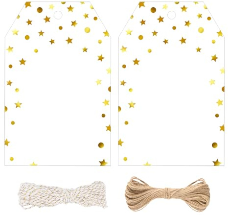 jijAcraft Geschenkanhänger mit Gold Foil Stern: 8,5x5,5cm Weiß Papieranhänger zum Beschriften 100 Stück Papier Etiketten mit Loch und Schnur für Geburtstag DIY Weihnachten Geschenk