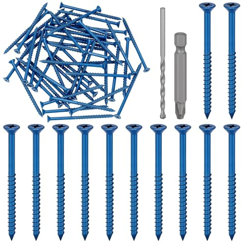 Glarks Juego de 52 tornillos de anclaje de cabeza plana de 3/16 x 3-1/4 pulgadas, tornillos de cemento de carga pesada azul con taladro y PH2 Bit para anclaje en mampostería, bloque, ladrillo, cemento