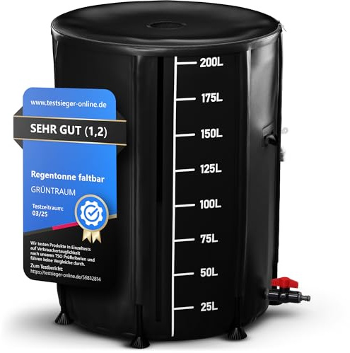 GRÜNTRAUM Serbatoio dell'acqua piovana pieghevole da 200 litri con innovativo indicatore di livello e rubinetto di scarico, resistente alle intemperie, serbatoio dell'acqua pieghevole/canna da