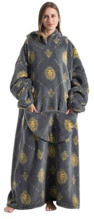 Yzehomijia Lange Hoodie Decke mit Ärmeln für Damen & Erwachsene - Kuscheldecke mit Ärmeln - Weiche & Warme Decke zum Anziehen als Geschenk für Damen Herren. (Grey Lion)