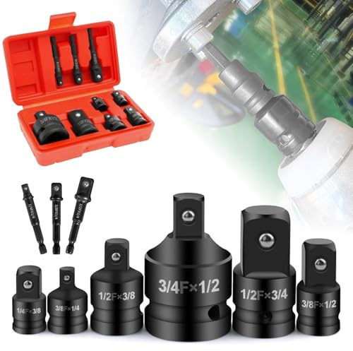 Tapsin Adapter Satz,9 Stück Adapter Satz Stecknussadapter Set,1/4auf1/465L,3/8auf1/465L,1/2auf1 73L,3/4auf 1/2,1 auf 3/4...Impact Socket Adapter