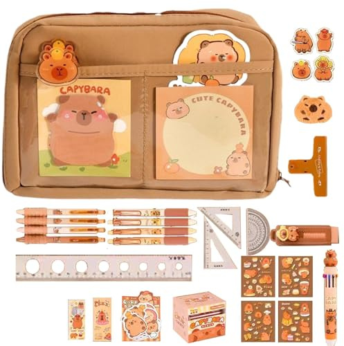 Capybara Stationery Set – bärbar stationär väska | söta pennor – presenter | återanvändbart sött pennfodral med pennor, klämmor, härskare och mer, brett pennskrin