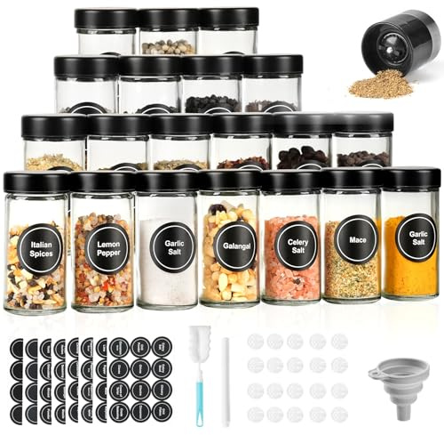 FRIBERG Set di 20 barattoli per spezie, in vetro con coperchi in acciaio inox, 120 ml, con 1 macinaspezie per la conservazione di spezie, contenitori per spezie, contenitori per spezie con etichette