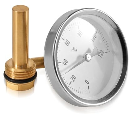 Tulov Termometer Ø 63 mm, axialvisartermometer, 0–120 °C, bimetallvisningstermometer med 1/2 tum anslutning och dykhylsa Ø 10 mm, metalltermometer varmvattenrörstermometer för värmesystem och pannor