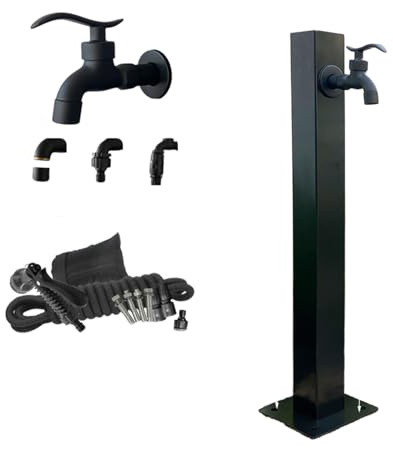 Fontana da giardino in acciaio inox con rubinetto, fontana d'acqua a colonna, collegamento terra/laterale, design moderno nero per terrazze e cortili