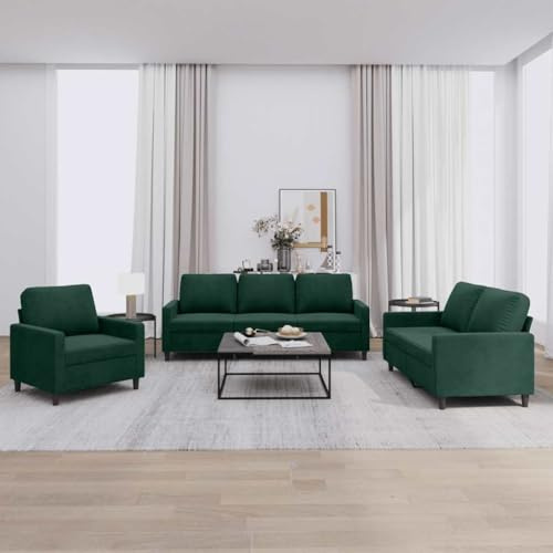 Mandloder 3-TLG. Sofagarnitur, Dunkelgrün Samt, Robustes Metallgestell, 6 Kissen, Wohnzimmer Couch Set für 6 Personen, gemütliches Sitzen, 1 Sessel, 1 Zweisitzer, 1 Dreisitzer