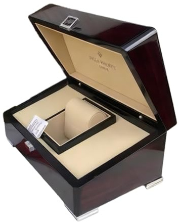 ROUREOX Klassische Holz Uhrenbox Hochglanz Mahagoni Muster Beige Interieur Kissen Display Aufbewahrung für PP Nautilus