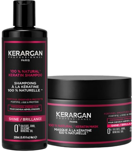 KERARGAN - Keratinschampo & Intensiv Hårmask för Skadat Hår - 2x250ml | Keratinschampo och intensiv hårmask rengör, reparerar och gör skadat eller stressat hår slätare