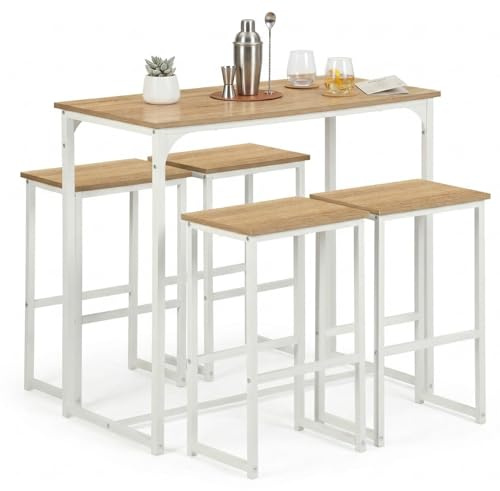 Juego de mesa de bar con 4 taburetes, mesa alta de cocina y 4 sillas de bar, comedor de pie con taburete, para apartamento pequeño, cocina, comedor, salón, balcón, bar, madera rústica y blanca