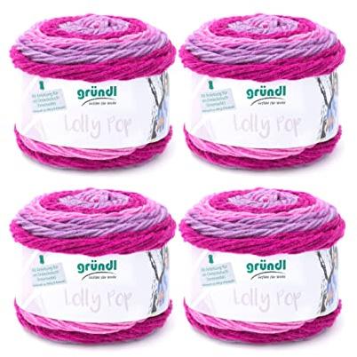 Gründl ull Lolly Pop – tjock ull för virkning och stickning med färggradient – stickgarn – mjuk och hudvänlig – 100% polyakryl – 4 nystan 150 g/240 m – nåltjocklek 5 – 6 – Raspberry Swirl