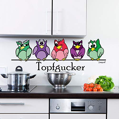 Sunnywall® Wandtattoo Wandaufkleber Topfgucker Eulen Vögel Kochen Küche Deko Essen Wandsticker (115,00 cm x 42,00 cm (Gr3), bunt)