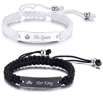 VNOX Her king His Queen Engraved Handmade Braided Rope Couples Bracelets for Him and Her Matching Relationship Promise Distance Yinyang Couples Bracelets Set for Couples