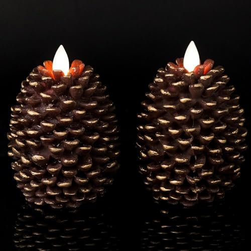 Eldnacele LED Pine Cone Candles with Timer, Battery Operated Flameless Candles Unscented Wax Pinecone Candles Brown 2 Pack for Christmas Home Party Decoration