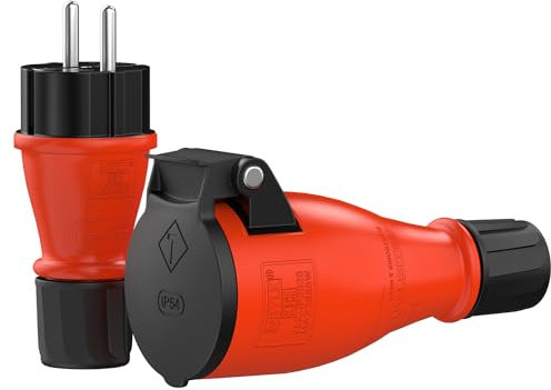 Lot de fiches Schuko mâle / prise IP54 | Rallonge | Caoutchouc et plastique | Extérieur | Fermeture hermétique à une main (IP54)
