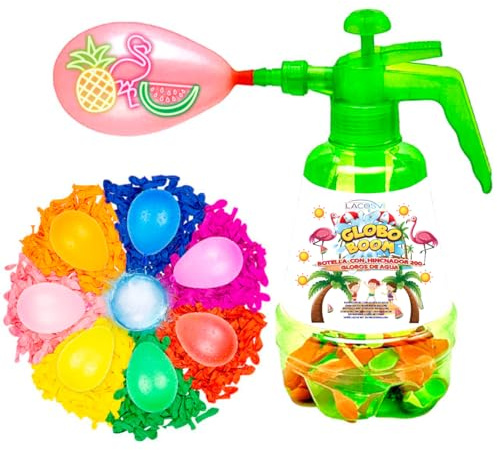 LACOSVI Injektorflasche zum schnellen Befüllen von Wasserballons, inkl. 200 Wasserballons, hergestellt biologisch abbaubar (Flasche + 200 Luftballons)