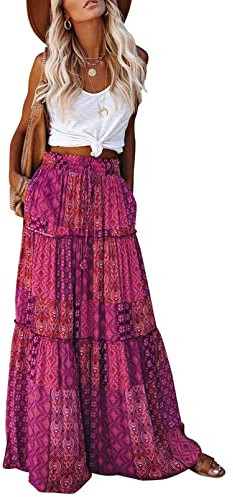 EARKOHA Womens Casual High Waist Tie Paisley Print Long Maxi Skirt with Pockets Purple L