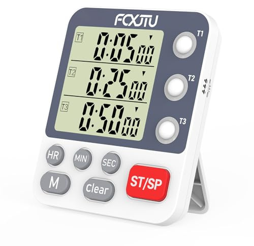 FCXJTU Digitaler Dual-Küchentimer, 3 Kanäle, Count-Up/Down-Timer, Koch-Timer, großes Display, lauter Lautstärke-Alarm und Blinklicht mit magnetischer Rückseite, Ständer (weiß)