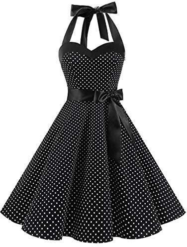 Odizli Rockabilly - Vestido vintage de los años 50 para mujer, cuello halter, lunares, verano, swing, festivo, vestido de fiesta, Negro , L