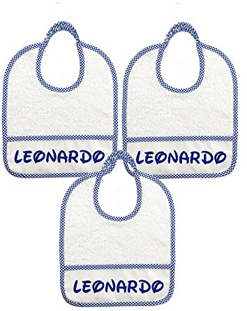 ALMATEX SRL 3 baberos personalizados con nombre medida 24 x 27 cm de rizo con elástico y bolsillo recogemigas personalizado con nombre - 100 % algodón - Made in Italy, blanco y azul