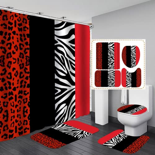 jieprom Set di 4 tende da doccia con stampa leopardata con tappeto, copriwater e tappetino da bagno, tenda da doccia rossa nera con 12 ganci, set completo di accessori da bagno decorativi