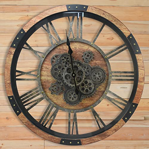 DORBOKER Große Wanduhr mit beweglichen Zahnrädern, übergroß, Vintage, industriell, rustikal,Landhausstil, für Wohnzimmer, als Dekoration, für Büro, Zuhause, Massivholz, HD-gehärtete Glasabdeckung,
