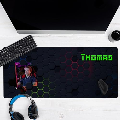 Wanapix | Tapis de Souris Gaming Personnalisé | Tapis de Souris Rectangulaire Géant XXL | 90x40 cm | Base en Caoutchouc Antidérapant | Très Flexible | Cadeau Gamers et Streamers | Hexagones + Photo