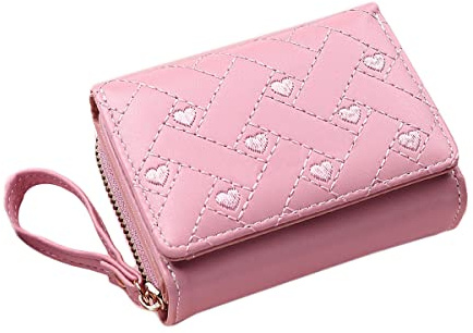 Diyafas Kleine Geldbörse für Damen Gesticktem Herz Portemonnaie Dreifach Kartenhalter Mädchen Brieftasche Rosa