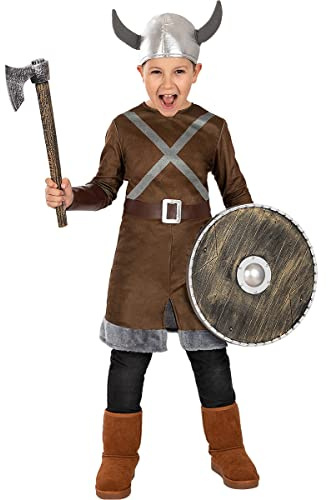 Funidelia | Disfraz Vikingo para niño Nórdico, Valkiria, Bárbaro, Vikings - Disfraz para niños y divertidos accesorios para Fiestas, Carnaval y Halloween - Talla 7-9 años - Marrón