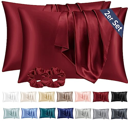 Vielit 2er Set Satin Kissenbezug 50x70 Rot, Weich wie Seidenkissenbezug,Bessere Pflege als Silk Pillosecase,Satin Kopfkissenbezug 50x70 Kissenhülle für Haar und Haut mit 2 Haargummis