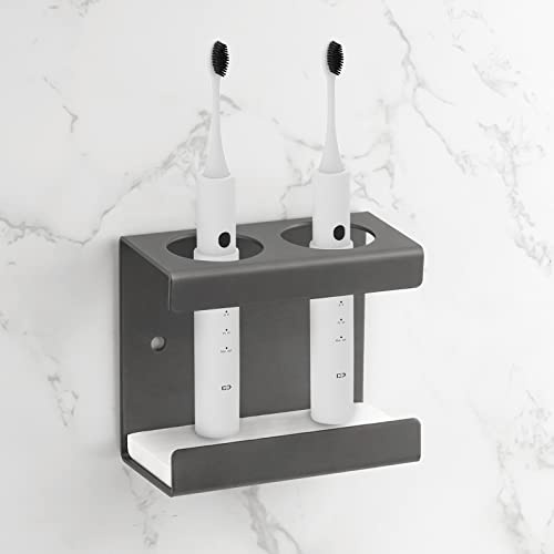 Adorila Electric Toothbrush Holder Wall Mount 2-Slot, Grey | Self-Adhesive or Screw Installation, Stainless Steel with Absorbent Diatomite Tray, Fits Handles Under 3.5 cm Diameter