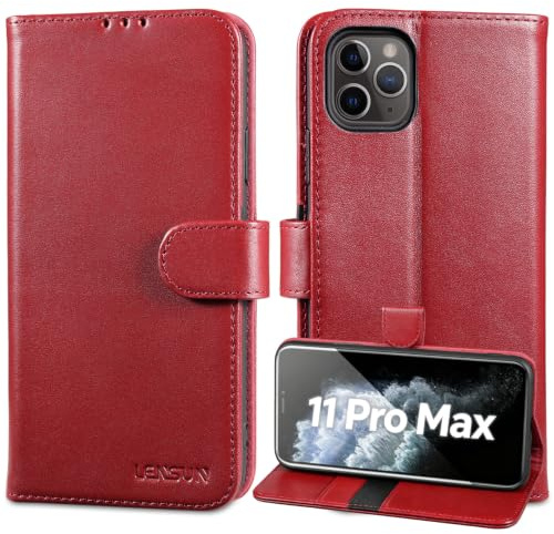LENSUN Handyhülle für iPhone 11 Pro Max Echtleder Klappbar, Weinrot | Echtes Leder Hülle, Kartenfach, RFID Schutz Handytasche, Flip Lederhülle, Stoßfest Klapphülle