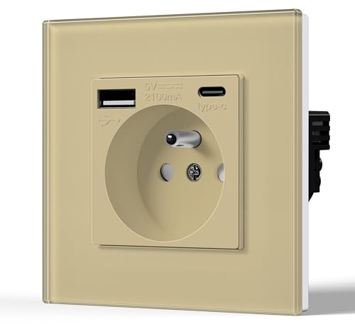 BSEED Prise Murale avec USB et Type C, Prise de courant en Verre avec USB 2.1A courant 16 Amp 240V 86mm Or