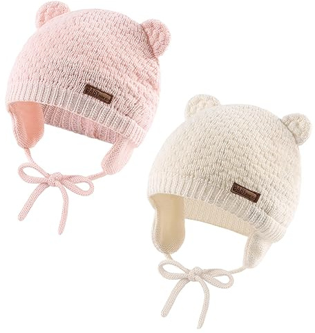 XIAOHAWANG Baby Earflap Beanie Hat Soft Baby Boy Knit Beanies Cute Bear Infant Toddler Girl Hats Autumn Winter (M, 2Pcs-d)
