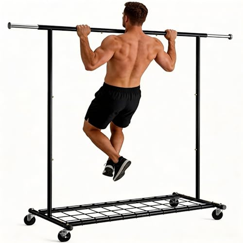 REIBII Clothes Rails, 100-150cm Extendable Single Clothing Rail, Clothes Rack with Lockable Wheels & Shoe Shelf, Free-Standing Clothing Rack for Bedroom, Laundry Room, Easy Assembly, 113kg Load,