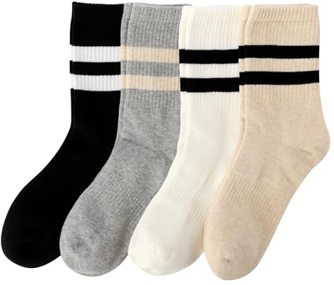 Striped Cotton Crew Socks for Women with Seamless Toe, Cute Casual Women’s Socks, Athletic Running Socks for Sport, Office, Home, School, 4 Pairs, Size 6-9