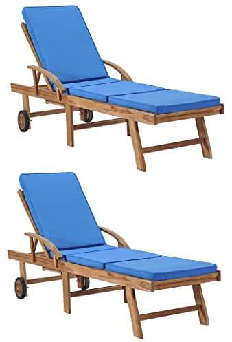 FUDUGEHMIOFWFJJ liegestuhl,liegestuhl Garten,saunaliege,Sonnenliegen mit Auflagen 2 STK. Massivholz Teak BlauGeeignet für Garten, Pooldeck, Terrasse, Wohnzimmer