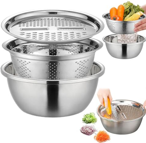 3 Pièces Passoire avec Bol Inox | Multifonctionnel Passoire À Egoutter En Acier Inoxydable | Passoire de Cuisine | Panier Égouttoir avec Plateau Pour Légumes, Ensemble De Bol De Lavage Machine