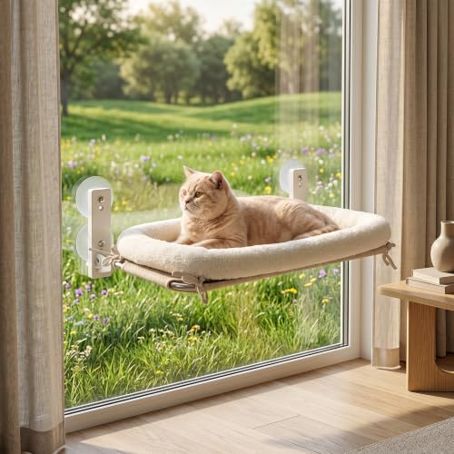 PEFUNY Cordless Folding Cat Window Perch, Cat Hammock for Window and Wall, with 4 Suction Cups, Sturdy Setal Frame for Glass Windows and Interior Walls (White With Bed Large)