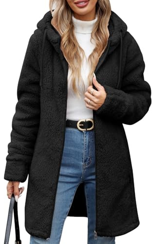 RITOSTA Felpa Pile Donna Lungo Felpe con Cappuccio Cappotto Invernale Giacca Elegante Caldo Giaccone Giubbino Cappotti con Zip Tasche Termica Sweatshirt Manica Lunga Cardigan Hoodie (Nero,L)