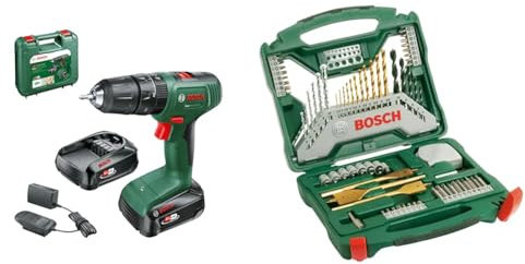 Bosch Cordless Combi Drill EasyImpact 18V-40 (2 Batteries 2.0 Ah, 18 Volt System, in Carrying Case) + 70-Pieces X-Line Titanium Drill and Screwdriver Bit Set (for Wood, Masonry and Metal, Accessories)