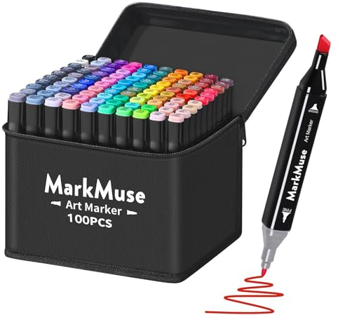 MarkMuse Filzstifte Marker Set, 100 Farben Alkohol Marker mit Feinspitze & Breitspitze, 2-Sekunden Schnelltrocknend, Alkohol Stifte mit Anti-Seepage Abstandshaltern für Malerei, Design