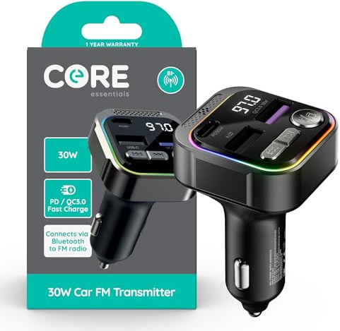 Core Essentials | 30W FM Car Transmitter | Type-C & A Charging Ports | Bluetooth Car Adapter | Widely Compatible | Dual Charging Capability