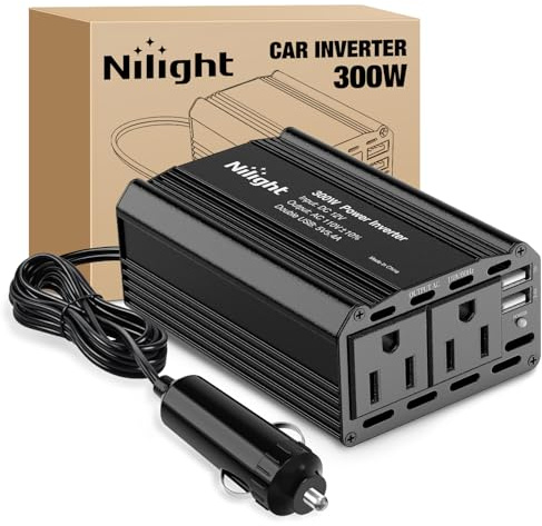 Nilight 300W Power Inverter 12V DC to 110V AC Car Charger Converter with 5.4A Dual USB Ports and 2 AC Outlets for Phones Tablets Laptop Computer Game Console Kindle iPad DVD Players Black