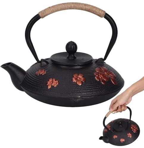 Théière en fonte Sunicon, théière en fonte à motif de cerise orientale rouge de 0,9 L avec infuseur, théière classique en fonte bouilloire théière outil de boisson pour thé café