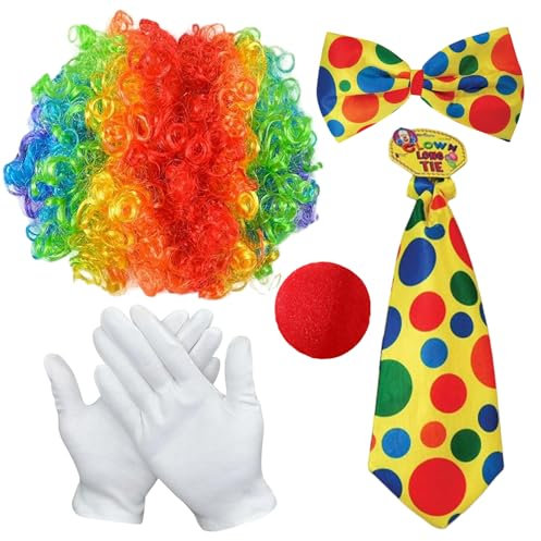 Angenster Clown Kostüm Accessoire, 5-Teiliges Clown KostüM Set Mit Bunter Clown-PerüCke, Clown Nase, Fliege, Krawatte und Handschuhen Zirkus Kostüm Für Karneval, Ostern, Damen und Herren