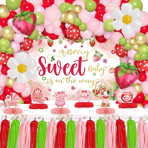 Strawberry Baby Shower Decorations for Girl,Berry Sweet Baby Shower Decorations Party Supplies with Strawberry Backdrop Honeycomb Centerpieces Tassel Balloons Arch Kit