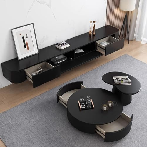 XDXINY Schwebender TV-Schrank mit Schubladen, TV-Konsole mit integriertem Kabelmanagement, Multimedia-TV-Konsole, Massivholz-TV-Schrank mit Stauraum (montagefrei) (Schwarz, 240CM/94.5IN)
