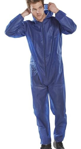 IndustraCare Poly Prop Navy Blue Economy Lightweight Disposable Overall Boilersuit - Zip up, elasticated hood, ankles and wrists (Large)