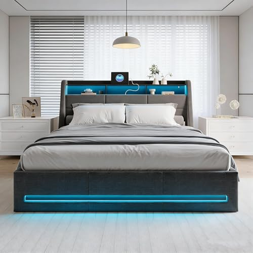 BRILVERDE Polsterbett 140x200 mit Stauraum, Jugendbett mit Kopfteil LED, Hydraulisch Stauraumbett, Bettgestell mit Lattenrost, Funktionsbett, Leinen (Grau, 140 x 200 cm)